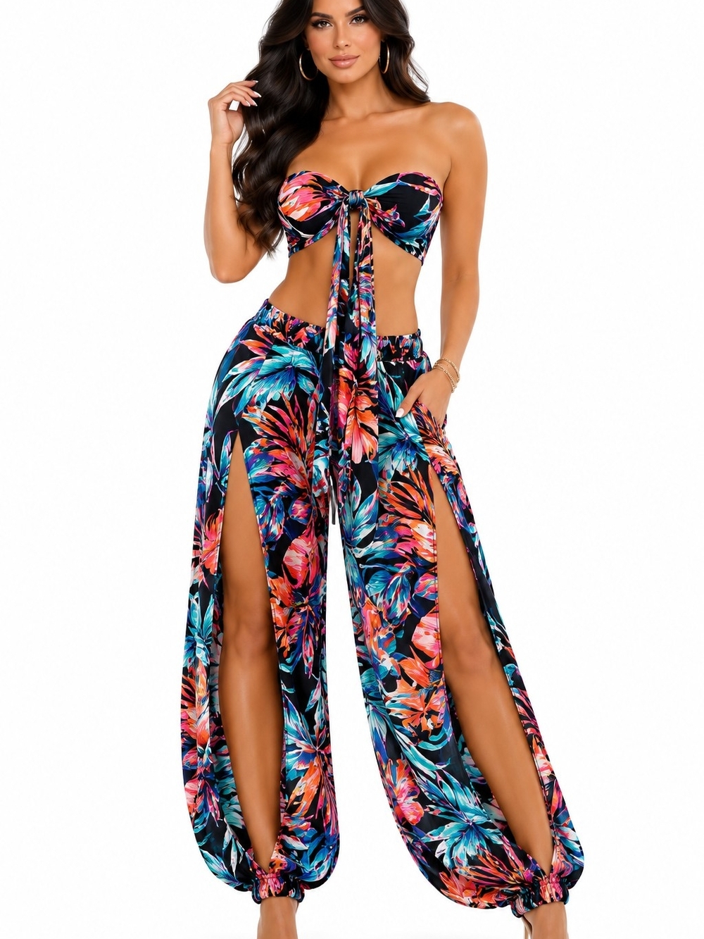 Black Tropical High-Slit Wide Leg Pants